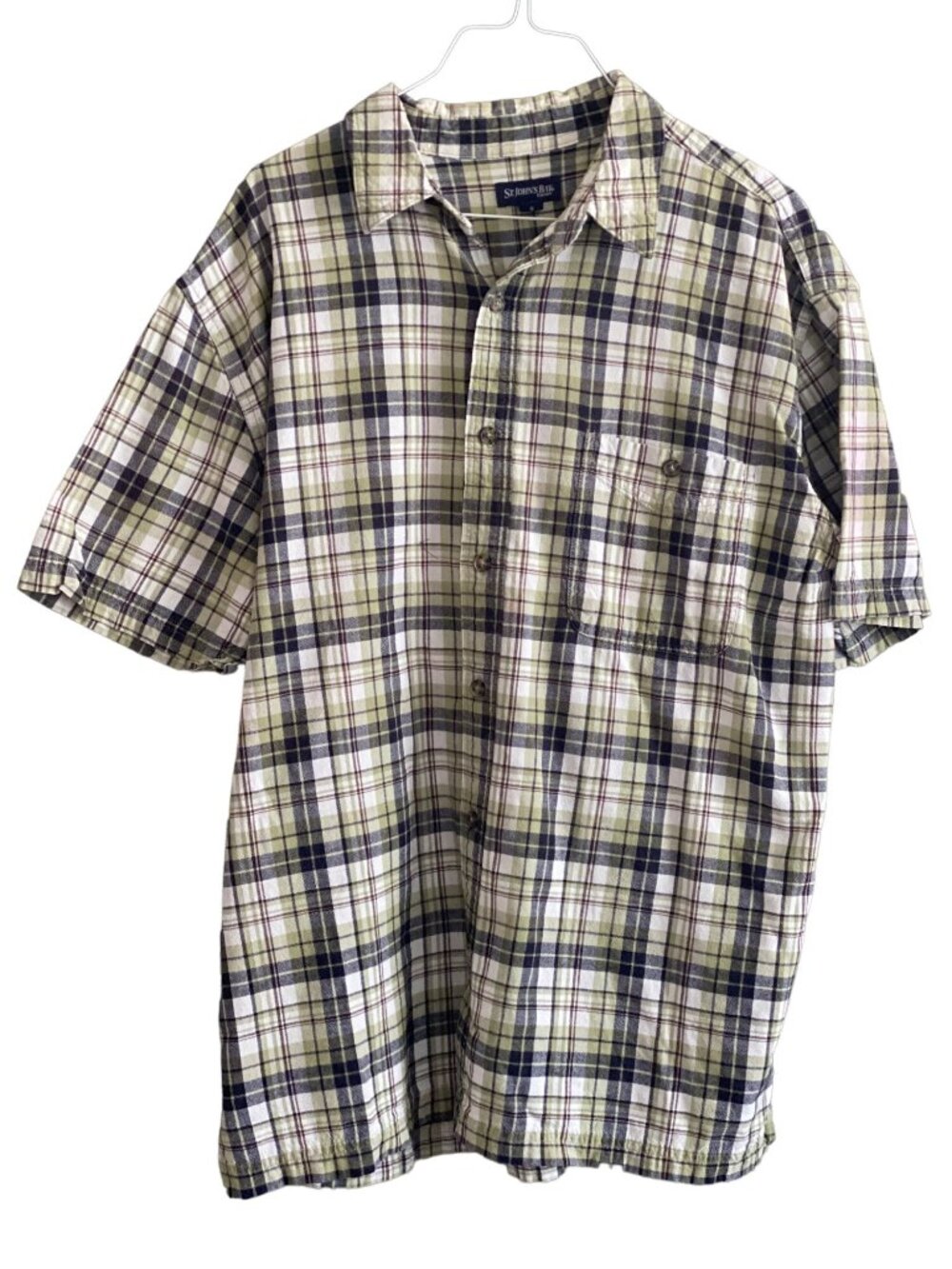 Plaid Shirt SS Mens L Green Black Brown Button Front St Johns Bay